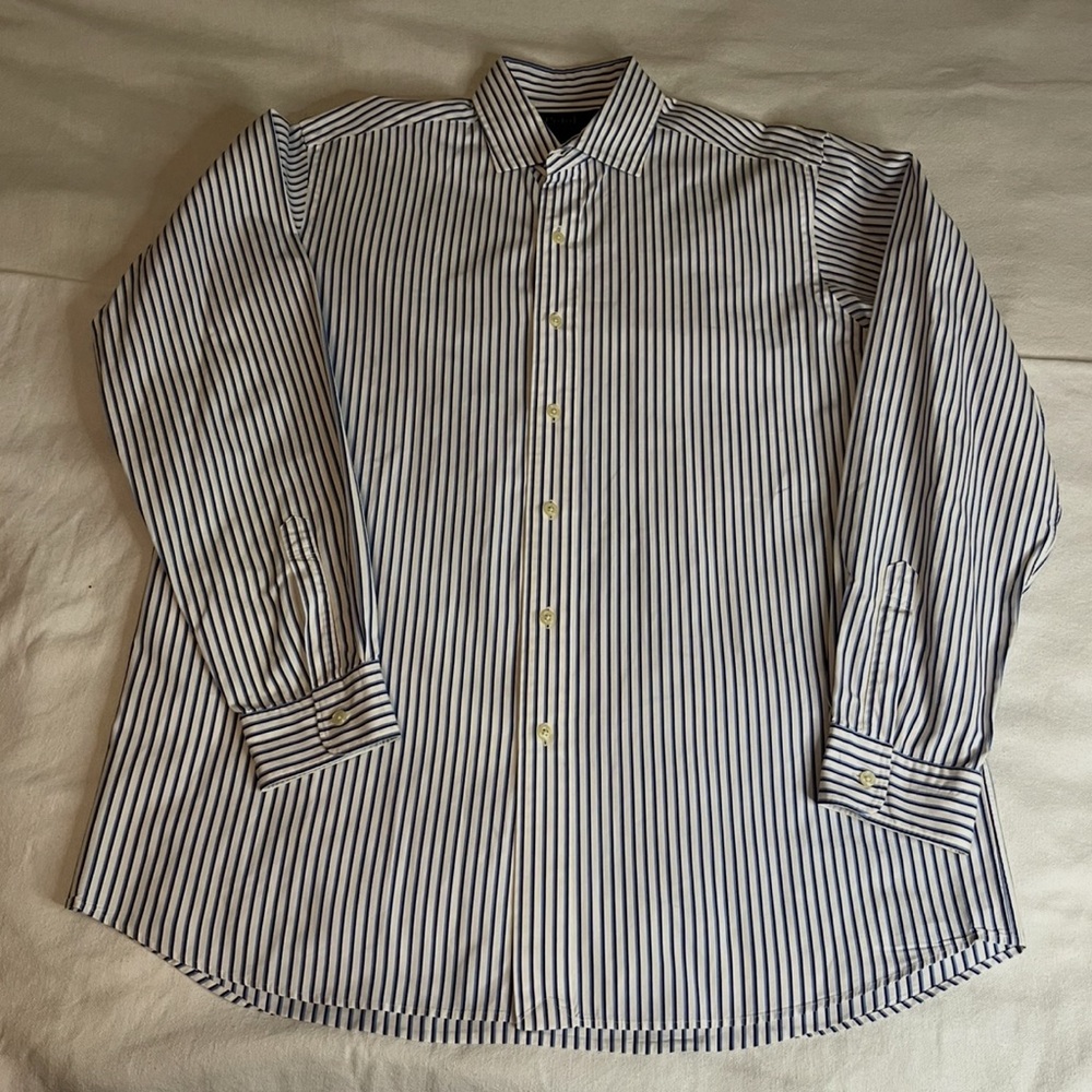 Ralph Lauren Navy and White Long Sleeves Striped Dress Shirt Size Large EUC